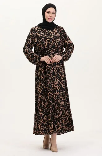 Viscose Jurk Met Patroon En Riem 0011-02 Black Milk Coffee 0011-02