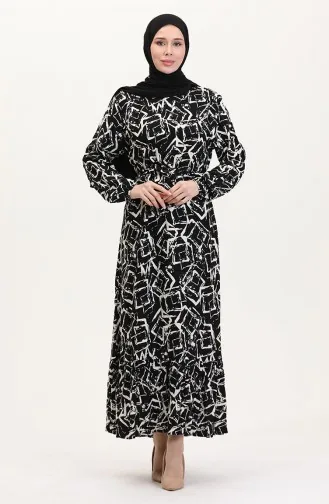 Desenli Kuşaklı Viskon Elbise 0011-03 Siyah Beyaz