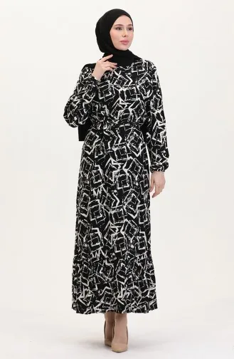 Desenli Kuşaklı Viskon Elbise 0011-03 Siyah Beyaz
