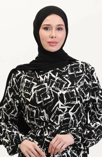 Desenli Kuşaklı Viskon Elbise 0011-03 Siyah Beyaz