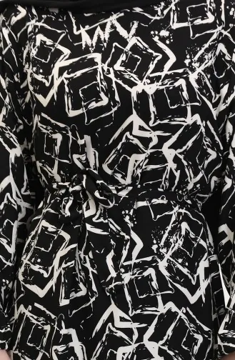 Desenli Kuşaklı Viskon Elbise 0011-03 Siyah Beyaz