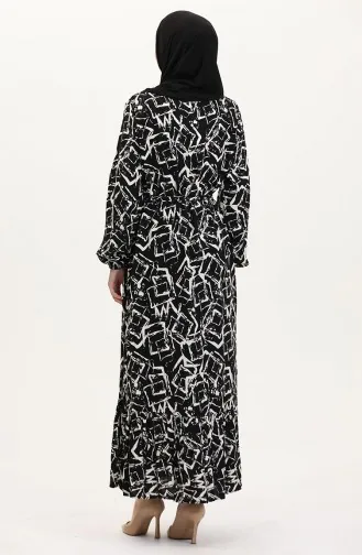 Desenli Kuşaklı Viskon Elbise 0011-03 Siyah Beyaz