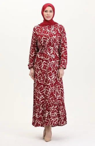 Desenli Kuşaklı Viskon Elbise 0011-05 Bordo