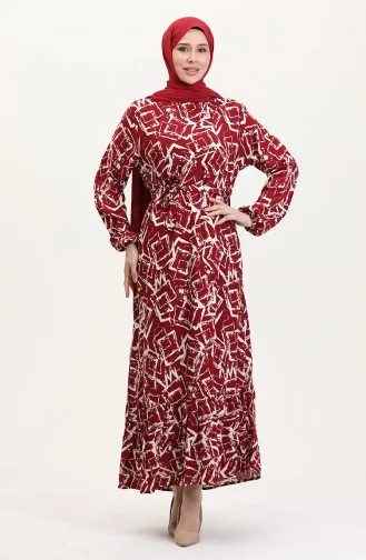 Desenli Kuşaklı Viskon Elbise 0011-05 Bordo
