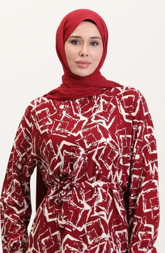 Desenli Kuşaklı Viskon Elbise 0011-05 Bordo