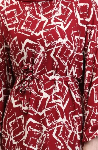 Desenli Kuşaklı Viskon Elbise 0011-05 Bordo
