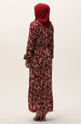 Desenli Kuşaklı Viskon Elbise 0011-05 Bordo