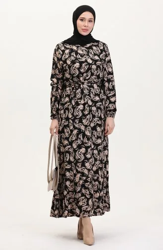 Desenli Kuşaklı Viskon Elbise 0013-01 Siyah Sütlü kahve