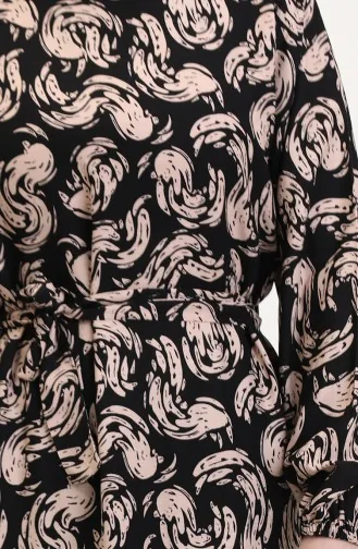 Desenli Kuşaklı Viskon Elbise 0013-01 Siyah Sütlü kahve