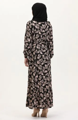 Desenli Kuşaklı Viskon Elbise 0013-01 Siyah Sütlü kahve