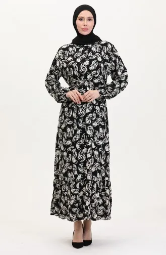 Patterned Belted Viscose Dress 0013-02 Black And White 0013-02