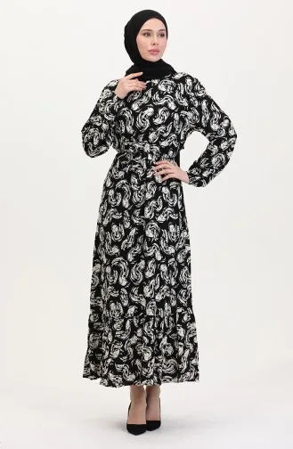 Patterned Belted Viscose Dress 0013-02 Black And White 0013-02