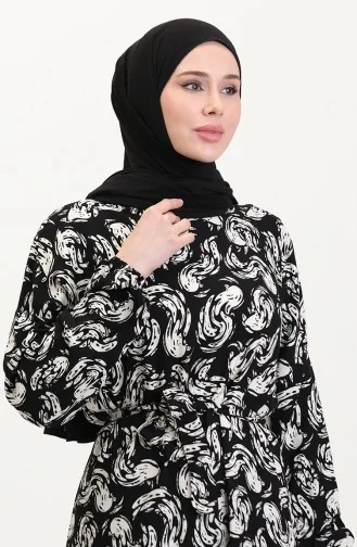 Patterned Belted Viscose Dress 0013-02 Black And White 0013-02