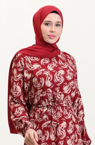 Desenli Kuşaklı Viskon Elbise 0013-03 Bordo