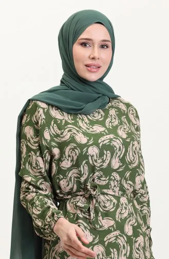 Desenli Kuşaklı Viskon Elbise 0013-04 Haki