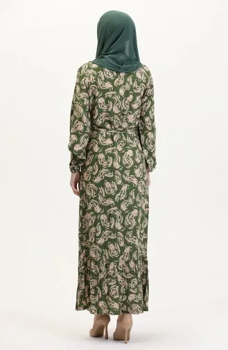 Desenli Kuşaklı Viskon Elbise 0013-04 Haki