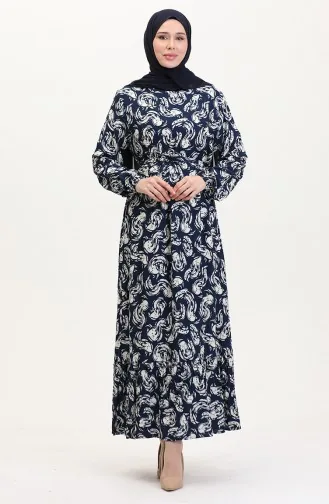 Viscose Jurk Met Patroon En Riem Marineblauw 0013-05 0013-05