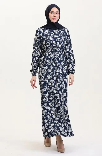 Viscose Jurk Met Patroon En Riem Marineblauw 0013-05 0013-05