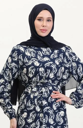 Viscose Jurk Met Patroon En Riem Marineblauw 0013-05 0013-05