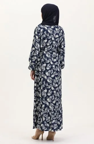 Viscose Jurk Met Patroon En Riem Marineblauw 0013-05 0013-05