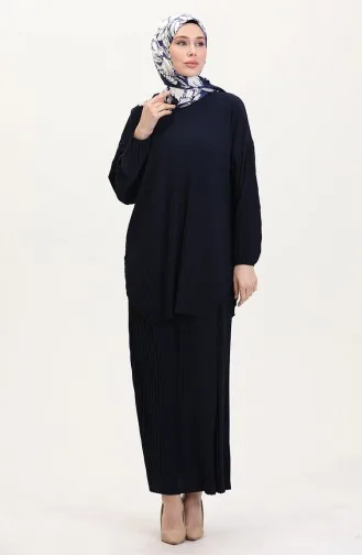 طقم تنورة تونيك مطوية من قطعتين 0015-02 أزرق داكن 0015-02