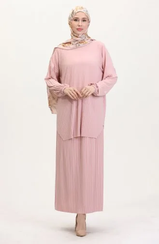 طقم تنورة تونيك مطوية من قطعتين 0015-04 بودرة 0015-04