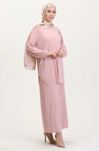 طقم تنورة تونيك مطوية من قطعتين 0015-04 بودرة 0015-04