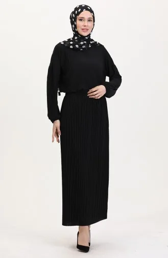 Piliseli Tunik Etek İkili Takım 0015-07 Siyah
