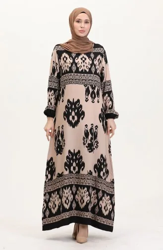 Desenli Viskon Elbise 0006-04 Siyah Sütlü Kahve