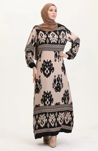 Desenli Viskon Elbise 0006-04 Siyah Sütlü Kahve