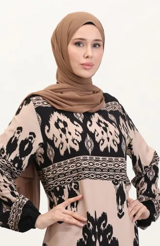 Desenli Viskon Elbise 0006-04 Siyah Sütlü Kahve