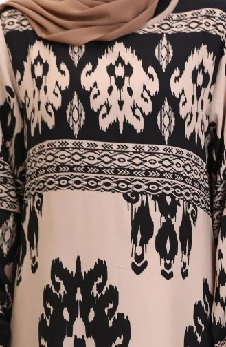 Desenli Viskon Elbise 0006-04 Siyah Sütlü Kahve