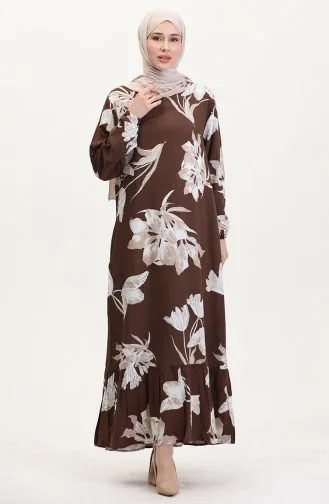 Kolu lastikli Desenli Viskon Elbise 0016-01 Kahverengi