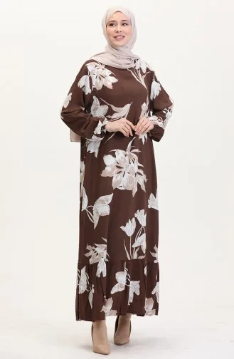 Kolu lastikli Desenli Viskon Elbise 0016-01 Kahverengi