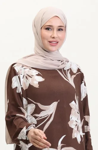 Kolu lastikli Desenli Viskon Elbise 0016-01 Kahverengi