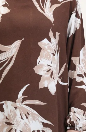 Kolu lastikli Desenli Viskon Elbise 0016-01 Kahverengi