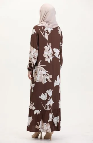 Kolu lastikli Desenli Viskon Elbise 0016-01 Kahverengi