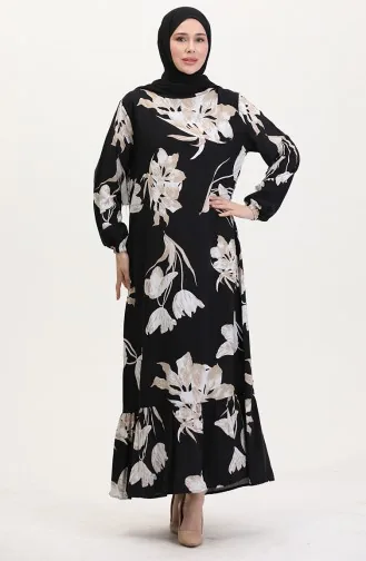 Gemustertes Viskosekleid Mit Elastischen Ärmeln 0016-02 Schwarz Milchkaffee 0016-02