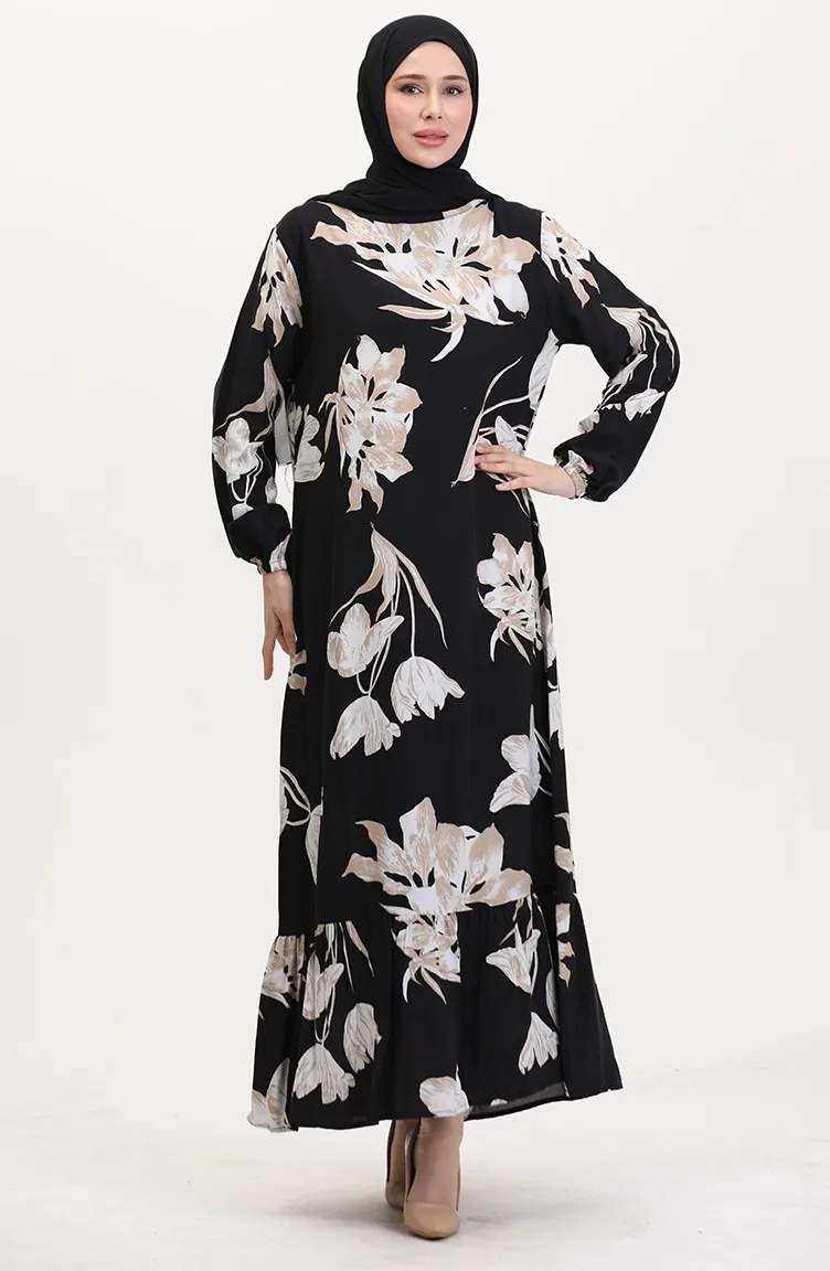 Gemustertes Viskosekleid Mit Elastischen Ärmeln 0016-02 Schwarz Milchkaffee 0016-02