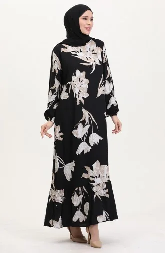 Gemustertes Viskosekleid Mit Elastischen Ärmeln 0016-02 Schwarz Milchkaffee 0016-02
