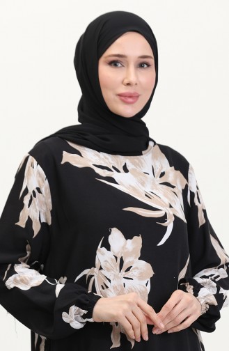Kolu lastikli Desenli Viskon Elbise 0016-02 Siyah Sütlü kahve