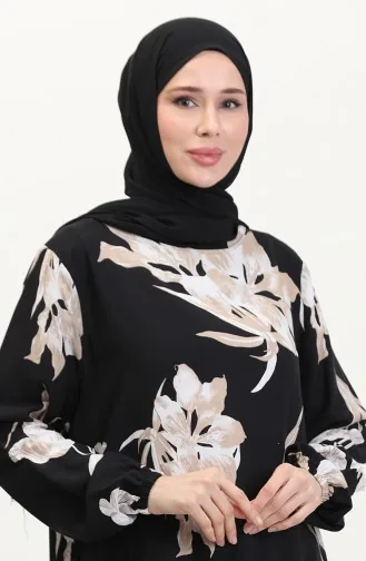 Gemustertes Viskosekleid Mit Elastischen Ärmeln 0016-02 Schwarz Milchkaffee 0016-02