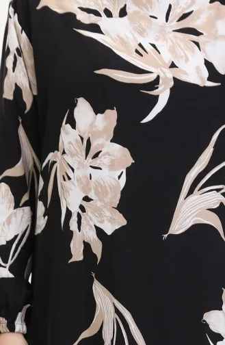 Gemustertes Viskosekleid Mit Elastischen Ärmeln 0016-02 Schwarz Milchkaffee 0016-02
