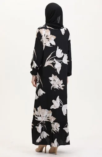 Gemustertes Viskosekleid Mit Elastischen Ärmeln 0016-02 Schwarz Milchkaffee 0016-02