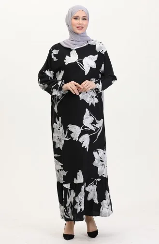 Gemustertes Viskosekleid Mit Elastischen Ärmeln 0016-04 Schwarz Grau 0016-04