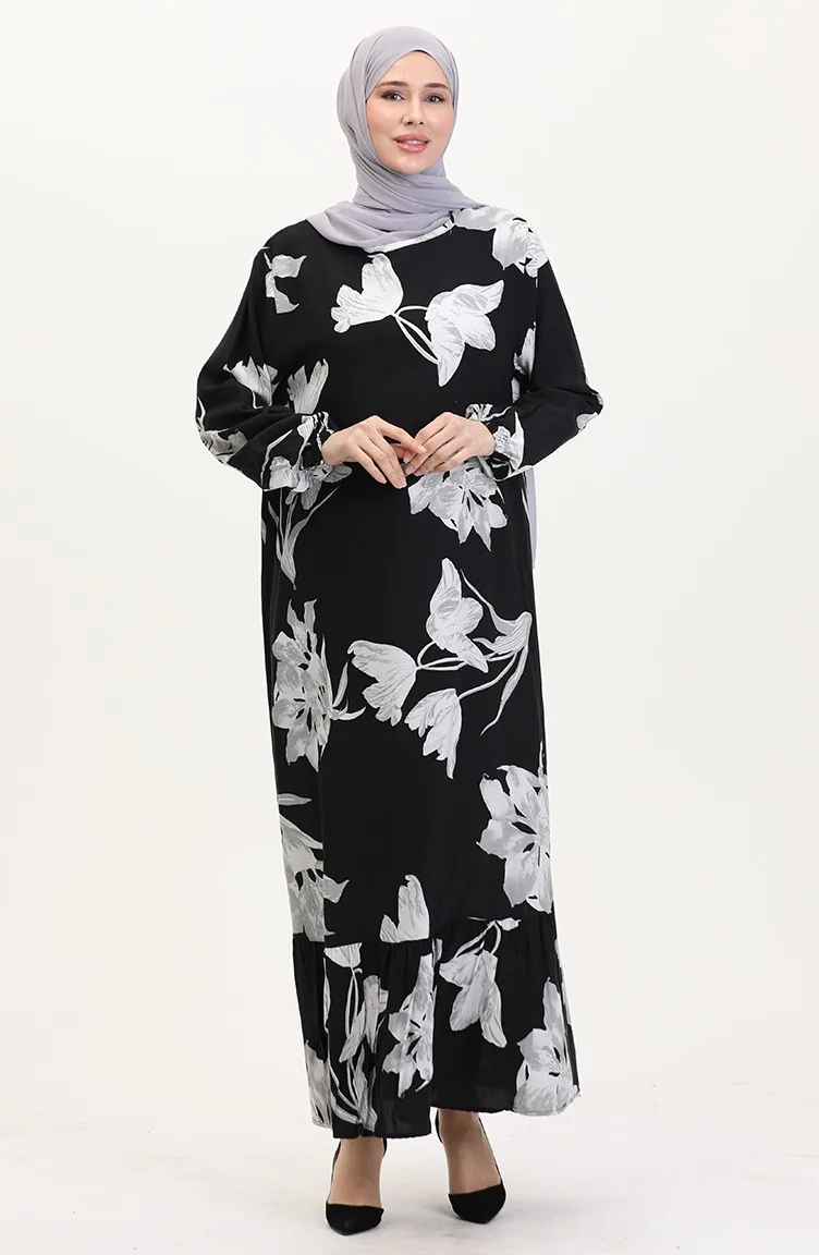 Gemustertes Viskosekleid Mit Elastischen Ärmeln 0016-04 Schwarz Grau 0016-04