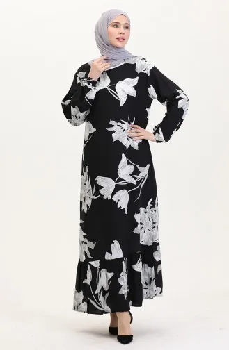 Gemustertes Viskosekleid Mit Elastischen Ärmeln 0016-04 Schwarz Grau 0016-04