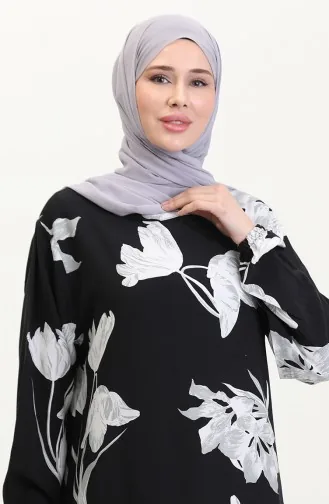Gemustertes Viskosekleid Mit Elastischen Ärmeln 0016-04 Schwarz Grau 0016-04