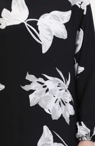 Gemustertes Viskosekleid Mit Elastischen Ärmeln 0016-04 Schwarz Grau 0016-04