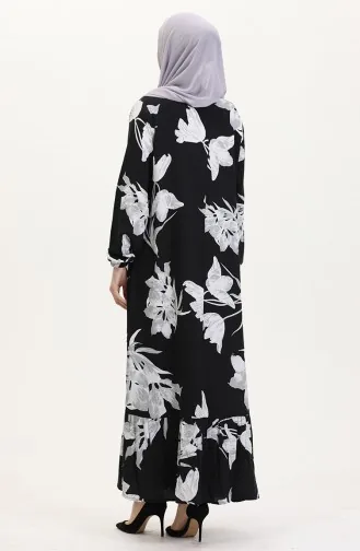 Gemustertes Viskosekleid Mit Elastischen Ärmeln 0016-04 Schwarz Grau 0016-04